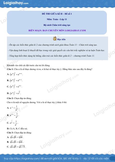 Đề thi giữa kì 2 Toán 11 Chân trời sáng tạo - Đề số 1